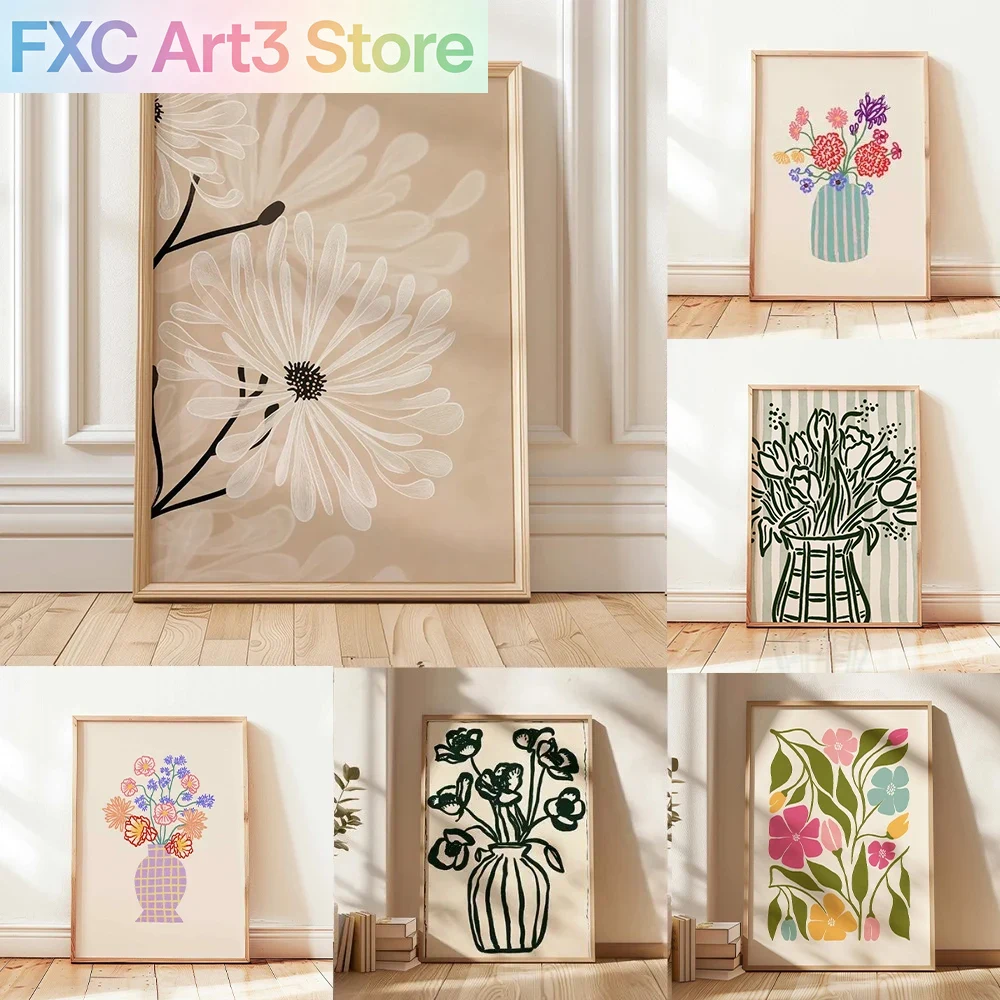 Plant Parenting - フレームレス、1ピースレトロベージュ花柄ラインプリント、シンプルなキャンバス絵画、モダンな植物の壁飾り、リビングルーム用、新築祝いギフト