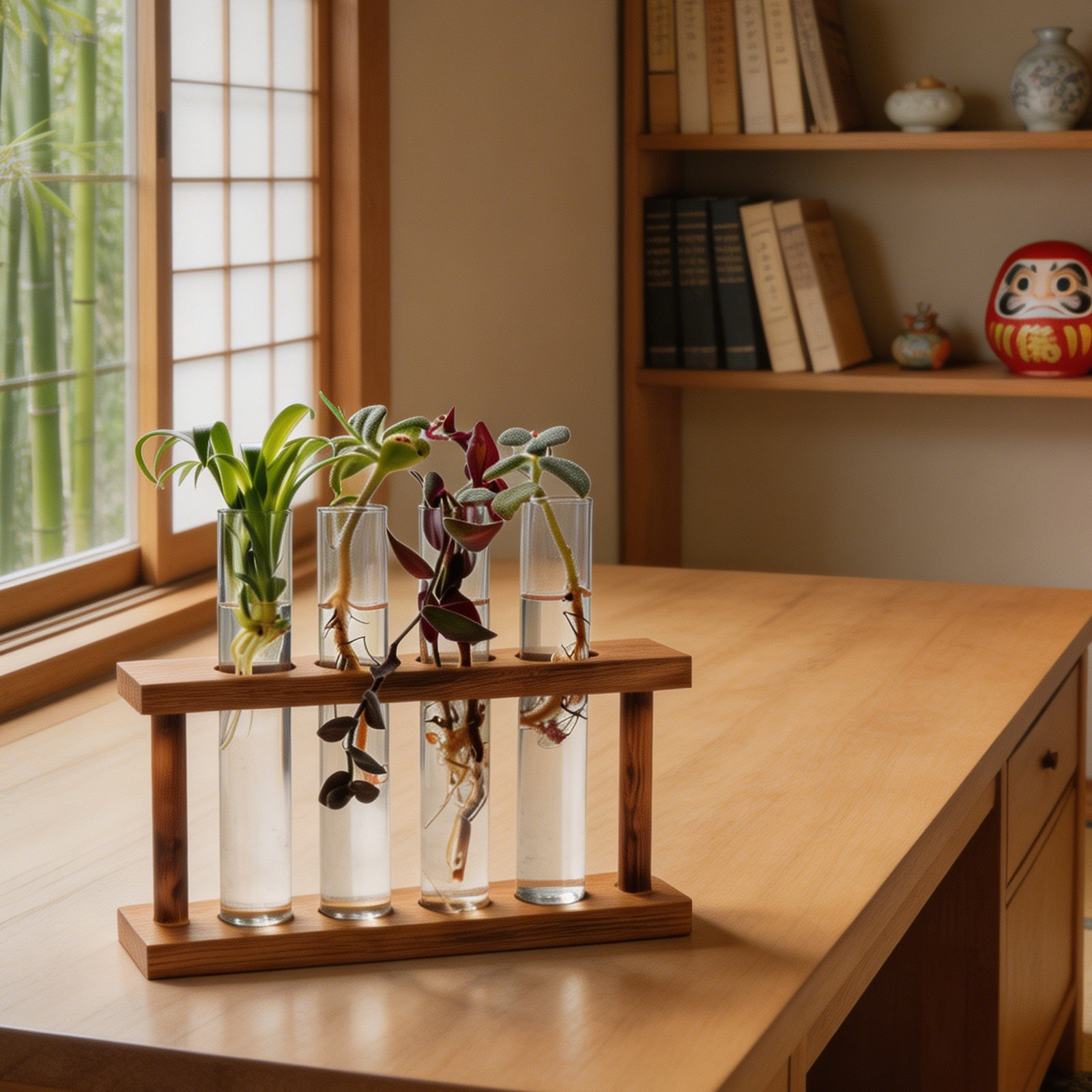 Plant Parenting - 木製植物繁殖ステーション、ガラス試験管花瓶ホルダー付き、素朴な水耕栽培ディスプレイスタンド、デスクトップ屋内庭園用
